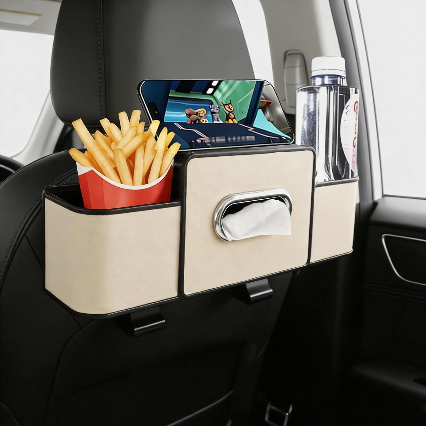 Amooca Back Seat Car Organizer, 4+2 in 1 Multifunctional Car Backseat Storage Box with 5 Cup Holders Tissue Box Hook, Car Interior Storage for Travel Phones Snacks Drinks(Orange)