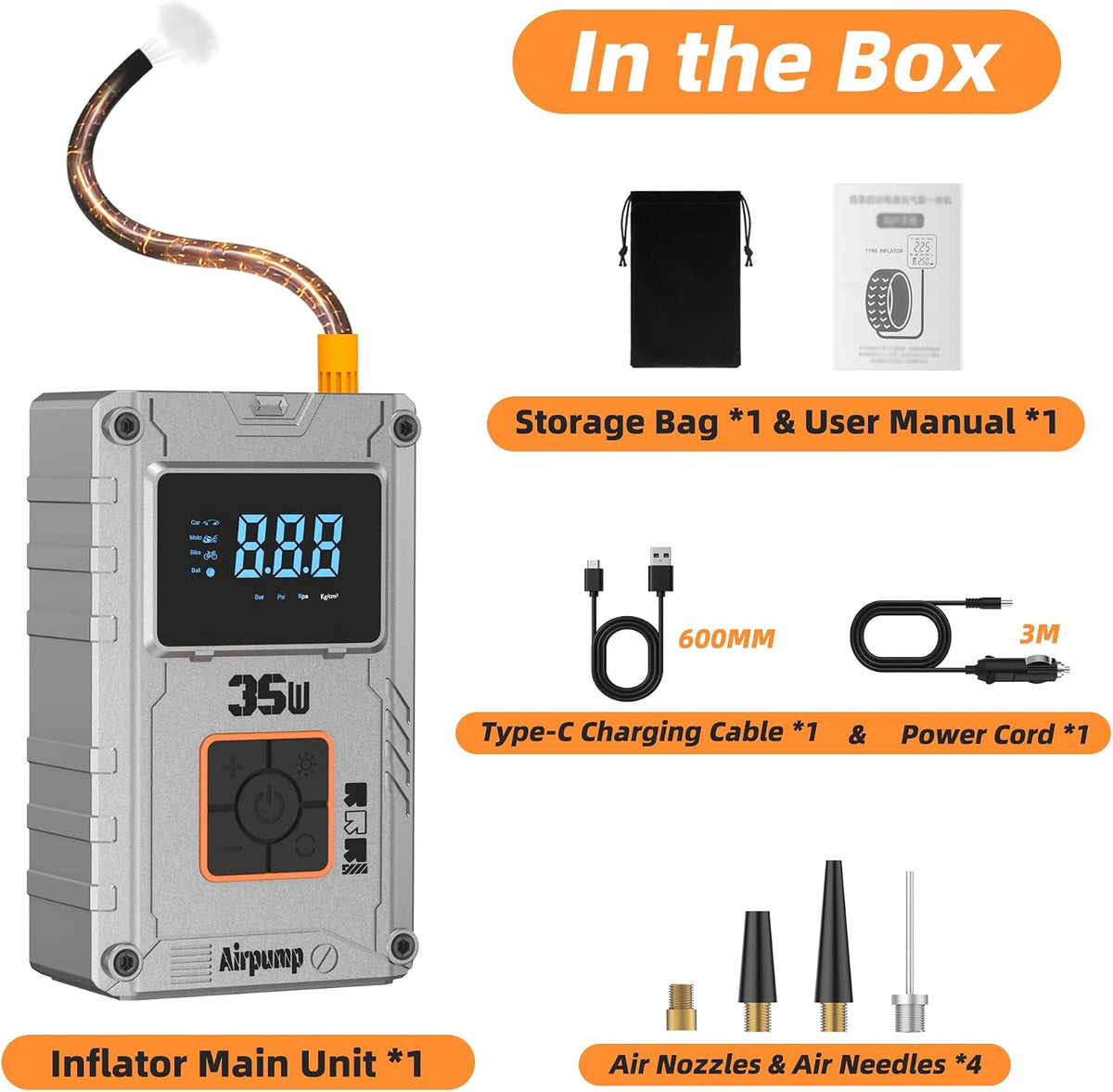 Portable Air Compressor Tire Inflator, 150 PSI Car Tire Air Pump, 6000mAh Digital Display Cordless Tire Inflator for Car Tires, Portable Tire Inflator for Motorcycles, Bikes, Car Accessories