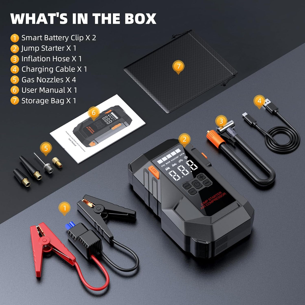 6000A 10-in-1 Car Battery Jump Starter with Air Compressor 160PSI