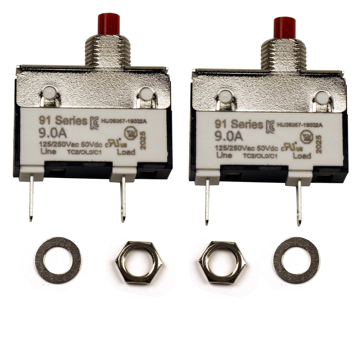 ZOOKOTO 2Pack 125/250V AC 50V DC Manual Reset Push Button Thermal Circuit Breaker 1Amp,Overload Protection Quick Connect Terminals Switch 1A for Upright Vacuum Cleaner Juicer Meat Coffee Grinder