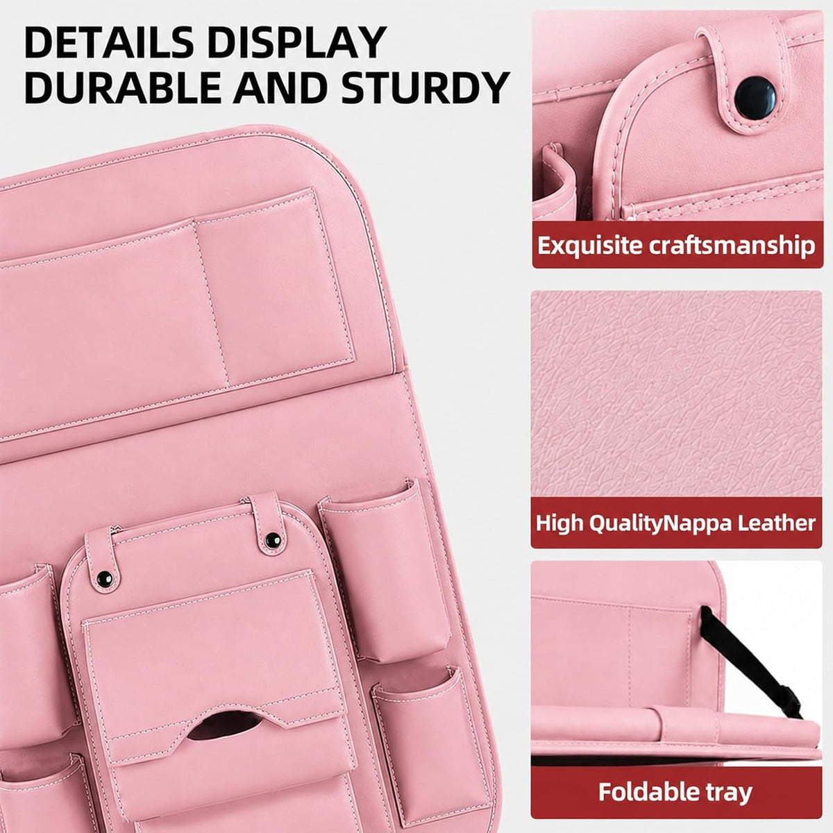 Car Backseat Organizer with Foldable Table Tray, PU Leather Seat Back Organizer with Trash Bin, Tablet Holder, Kick Mat Protector, Back Seat Storage for Cars, Pink