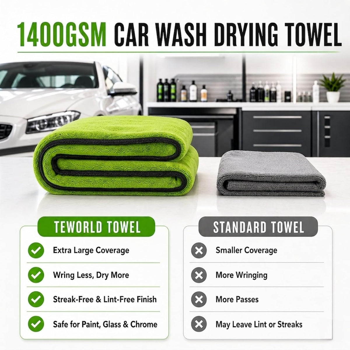 Car Drying Towel, Extra Large 48 x 24 Inch, 1400 GSM, Dual-Color