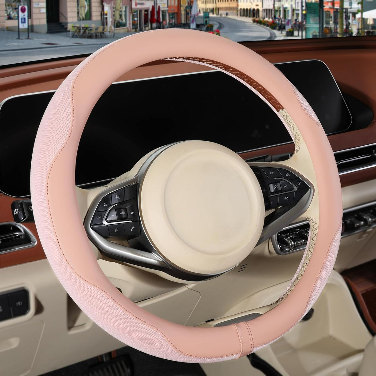 Nappa Leather Ice Silk Fabric Blue Steering Wheel Cover