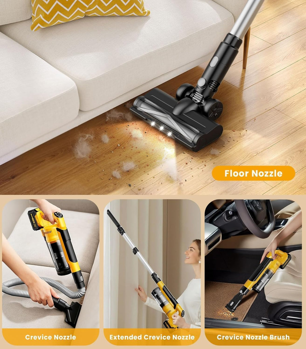 qimedo 8000mAh Cordless Vacuum Cleaner with 2 Batteries, 700W Powerful Suction, 90 Inch Extension Tube & 2L Dust Cup, 7 in 1 Stick Vacuum for Home, Hardwood Floor, Pet Hair, Dorm