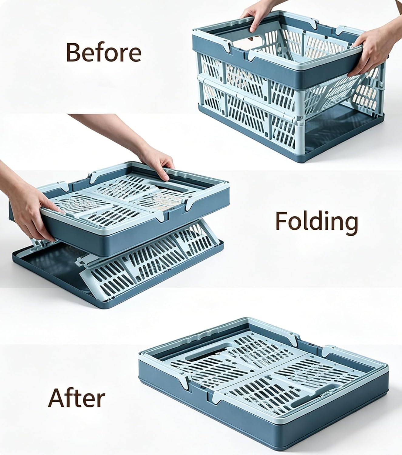 Collapsible Storage Crate with Handles, Milk Crates,33L Foldable Plastic Shopping Basket, Organizer Container for Car Home Pinic (Light blue, Large)