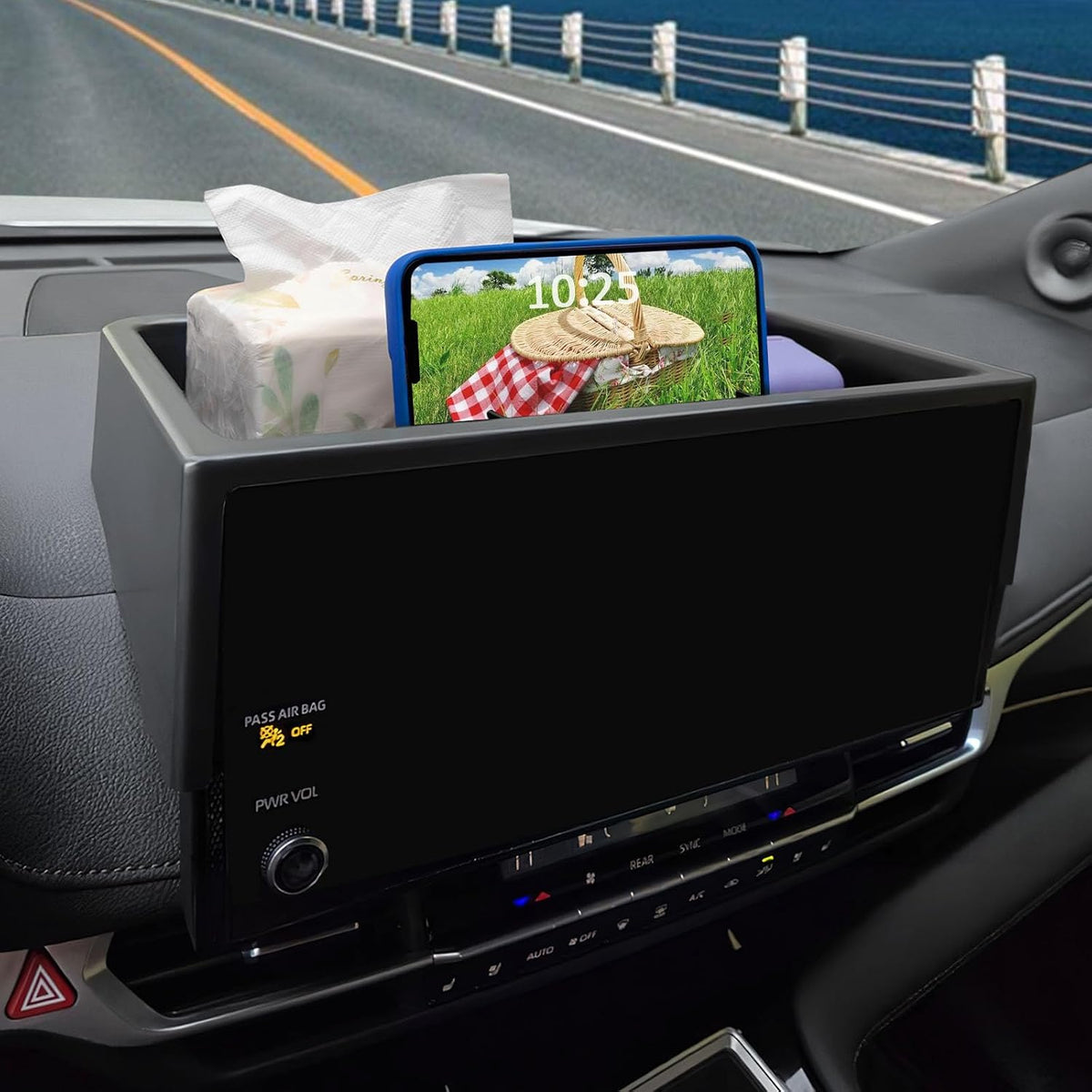 TOPINSTALL 21-24 New Dash Tray Compatible with 2021-2024 Toyota Sienna Interior Accessories, Dashboard Hidden Storage Organizer Behind Screen Tissue Sunglasses Phone Holder (Not for 2025)
