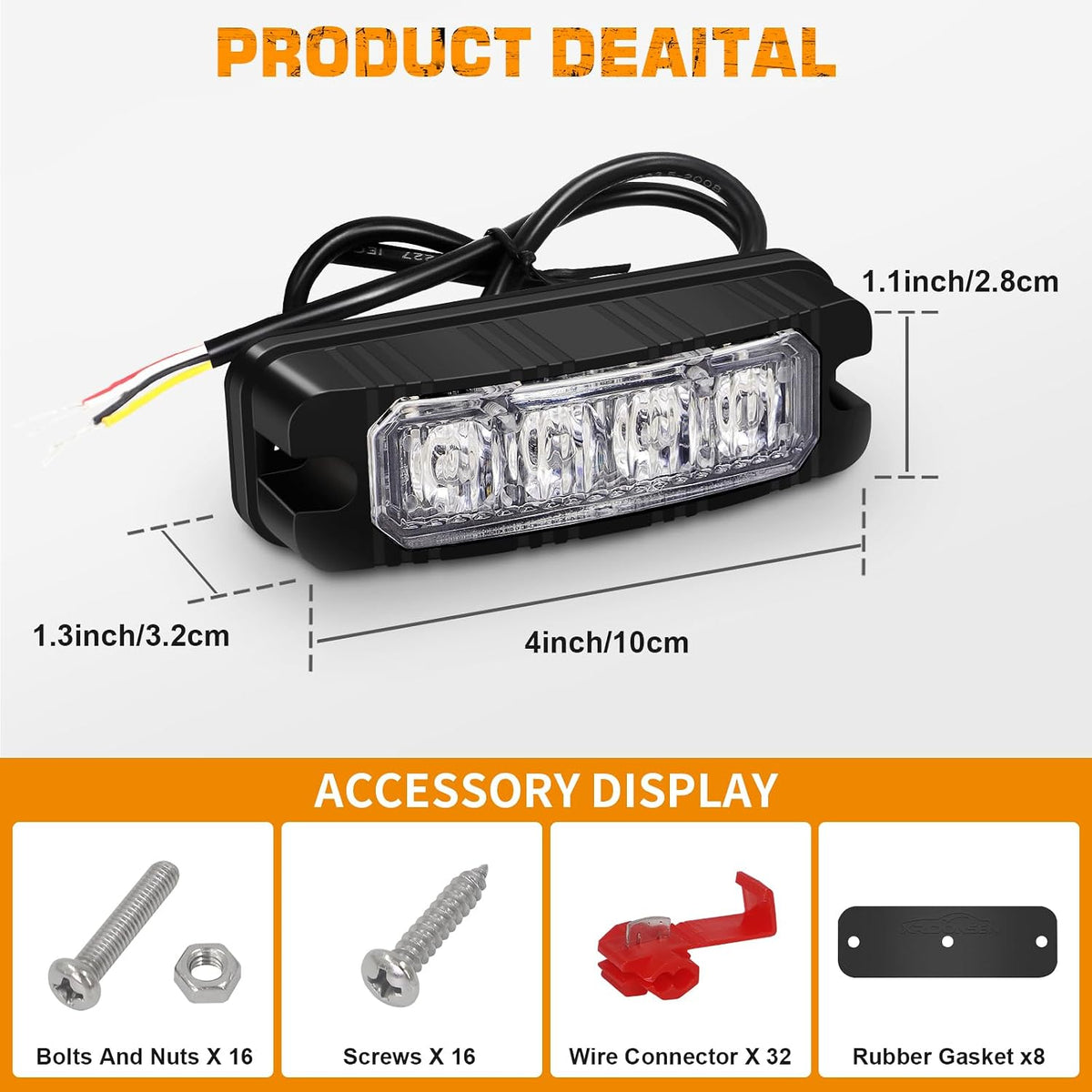 XRIDONSEN 8PCS Sync Grill Strobe Lights 32 LED Amber White Grille Light Bar