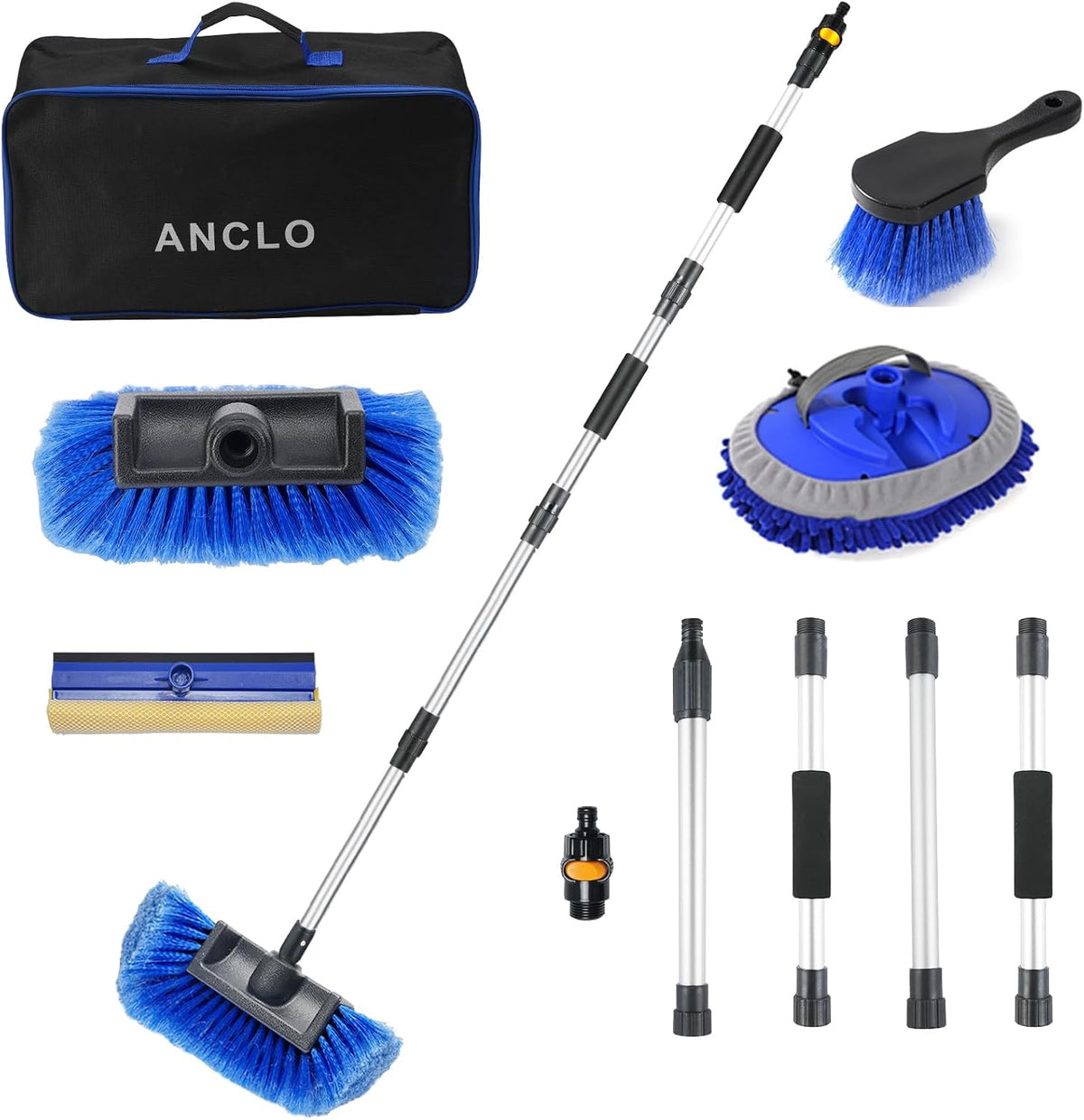 64'' Car Wash Brush with Long Handle, RV Flow-Through Wash Brush with Adjustable Handle, Anti-Scratch Plus Size Soft Car Wash Brush Mop with Hose Attachment Car Wash Kit for SUV RV Truck Boat