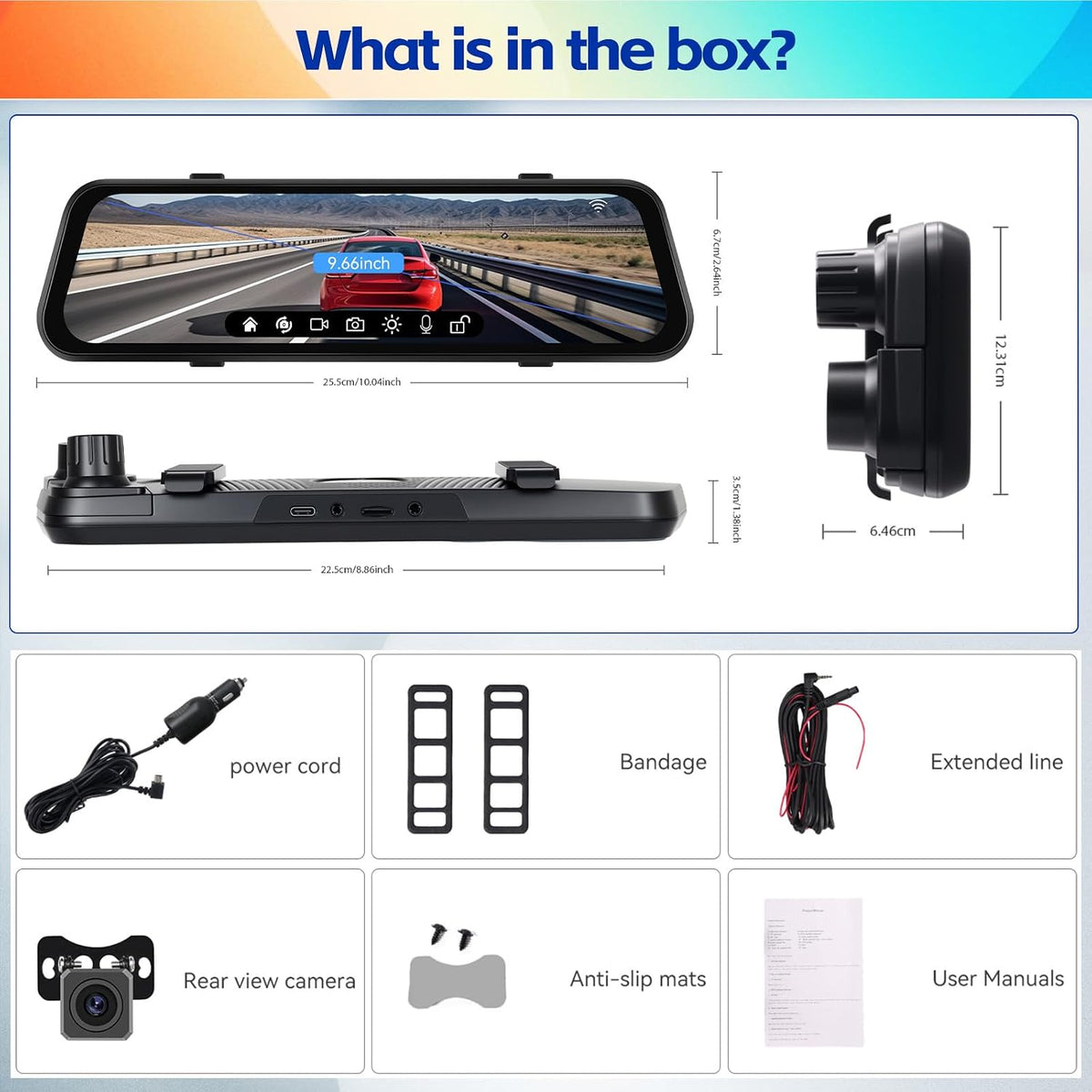 1080P Mirror Dash Cam 9.66" 3 Channel Front Rear Inside View Mirror Camera
