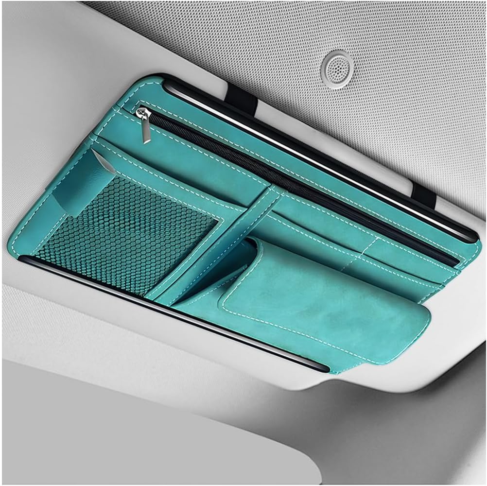 Car Sun Visor Organizer, Leather Sun Visor Pocket Organizer Case with Multi-Pocket Net Zipper, Suede Note Holder Car Visor Storage Pouch for Card Pen Sunglasses Document (Gray)