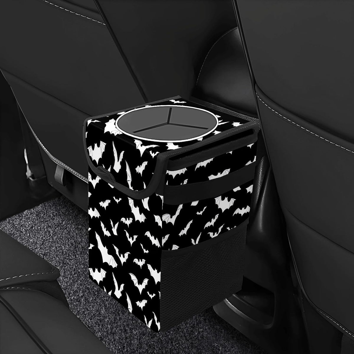 Car Trash Can with Lid Black and White Goth Bats Collapsible Reusable Leak-Proof Auto Garage Bag,Hanging Vehicle Car Accessories Interior Car Organizer