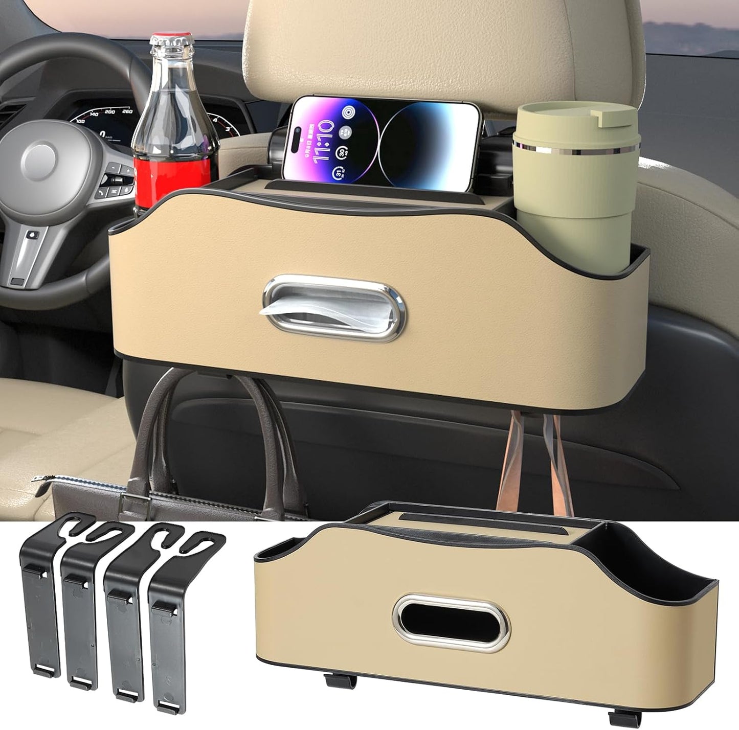 Back Seat Cup Holder for Car – Multifunctional Seat Back Organizer with Drink Holders, Tissue Box Storage & Hooks, Fits Headrest for Auto. (White)