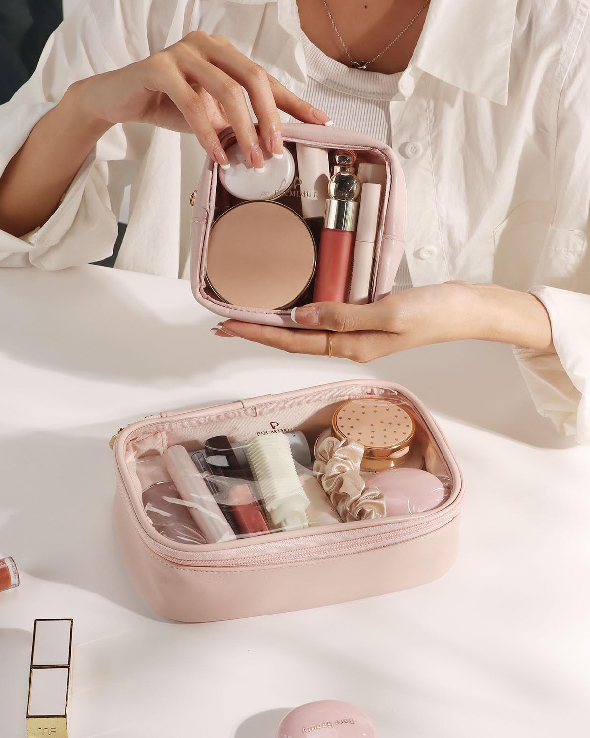 Pocmimut Clear Makeup Bag, Easy to Find Mini Makeup Bag for Purse, Travel Makeup Bag for Car, Compact Cosmetic Pouch for Daily Essentials,Pink