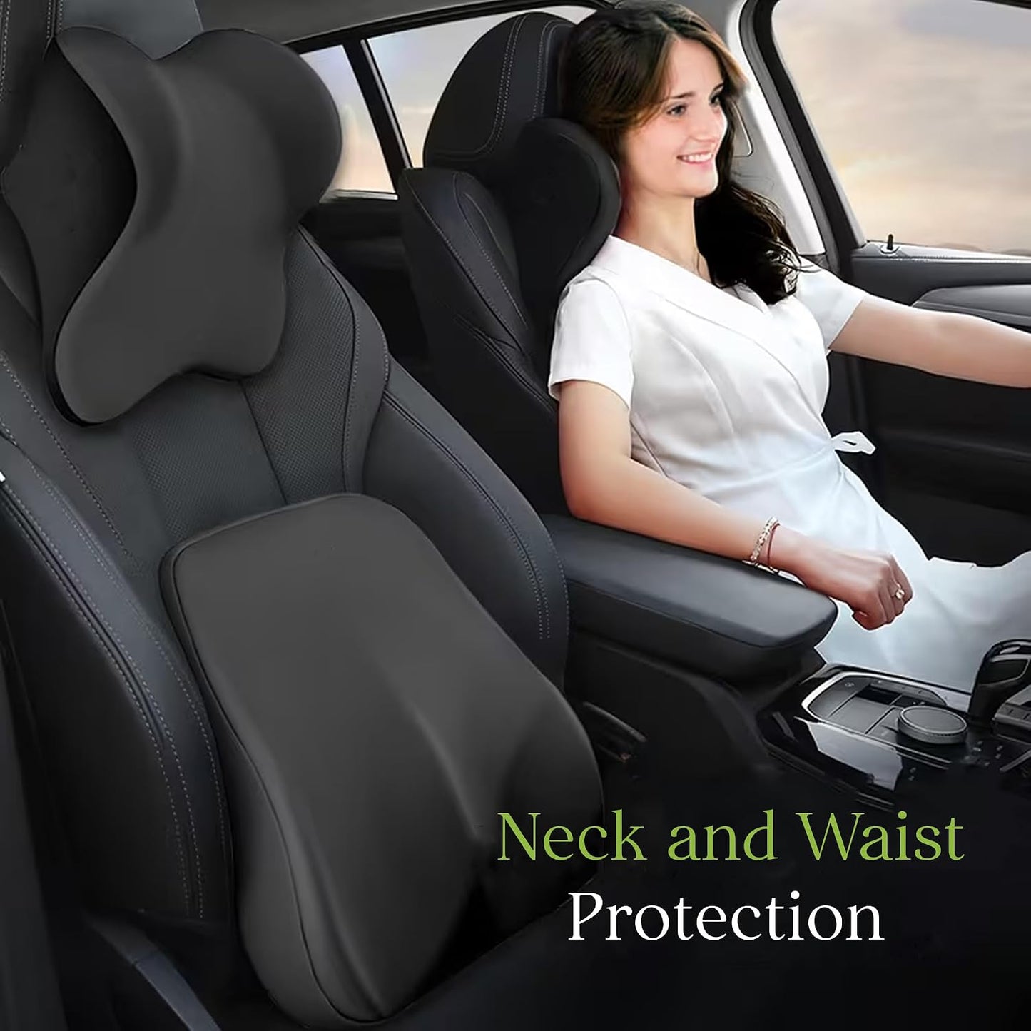 Bellavere® Ergonomic Memory Foam Car Seat Cushion Set – Lumbar Support & Neck Pillow, Orthopedic Back Support, Machine Washable, Driving Comfort for Cars, SUVs & Trucks, Gift for Drivers