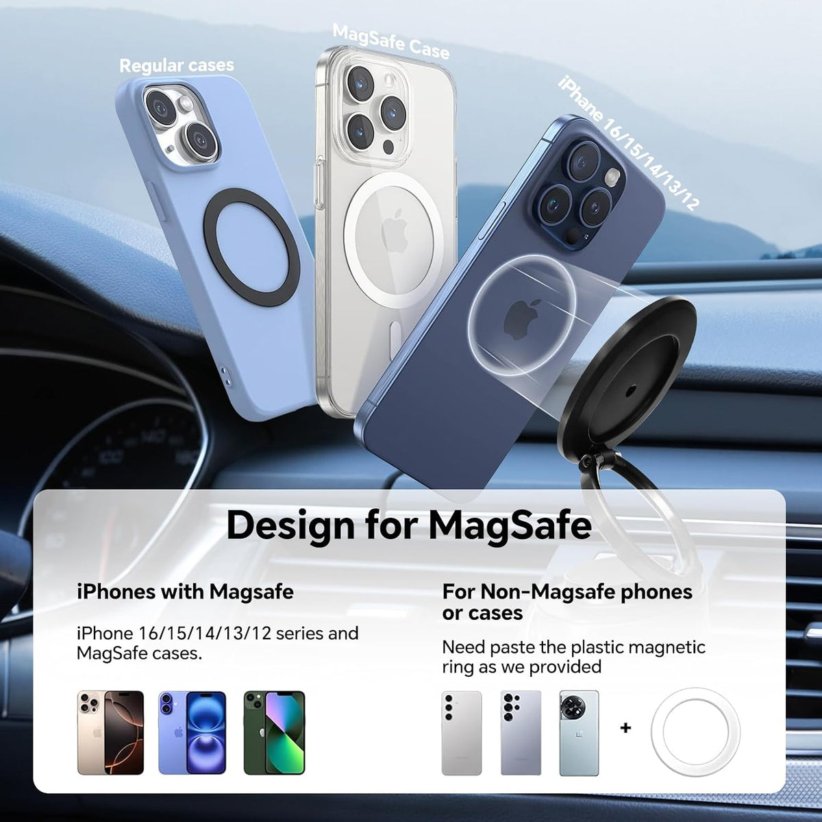 Vacuum Magnetic Car Phone Mount, Twist‑Lock Suction Cup Phone Holder with 3‑Axis Foldable Arm, MagSafe Compatible, 360° Adjustable for Dashboard Windshield Gym Desk, for iPhone & Android