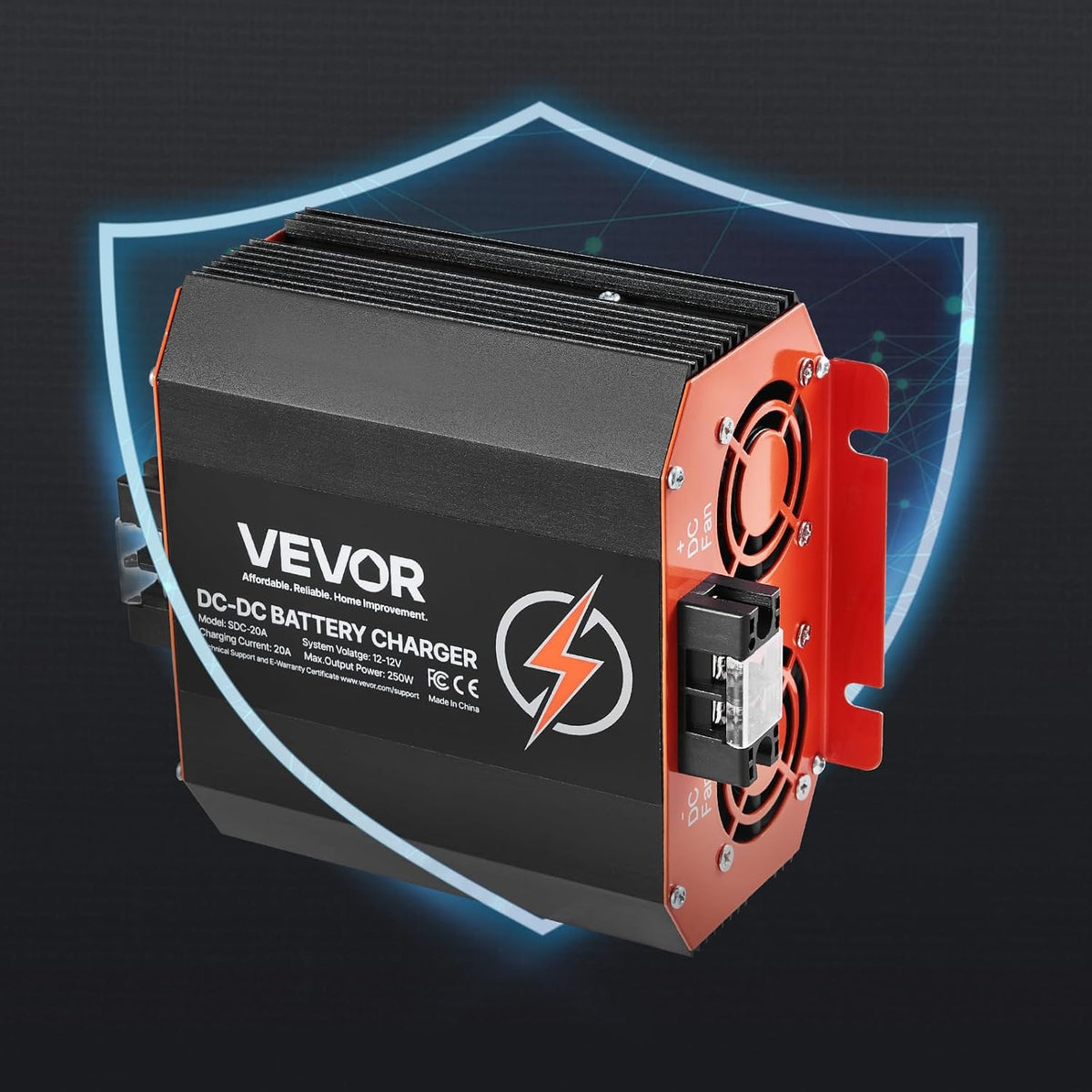 VEVOR 12V 20A DC to DC Battery Charger, 250W, On-Board Battery Charger for Lead-Acid, Lithium, AGM, Gel, and Flooded Batteries, Smart Multi-Stage Charging, for RVs, Commercial Vehicles, Boats, Yachts