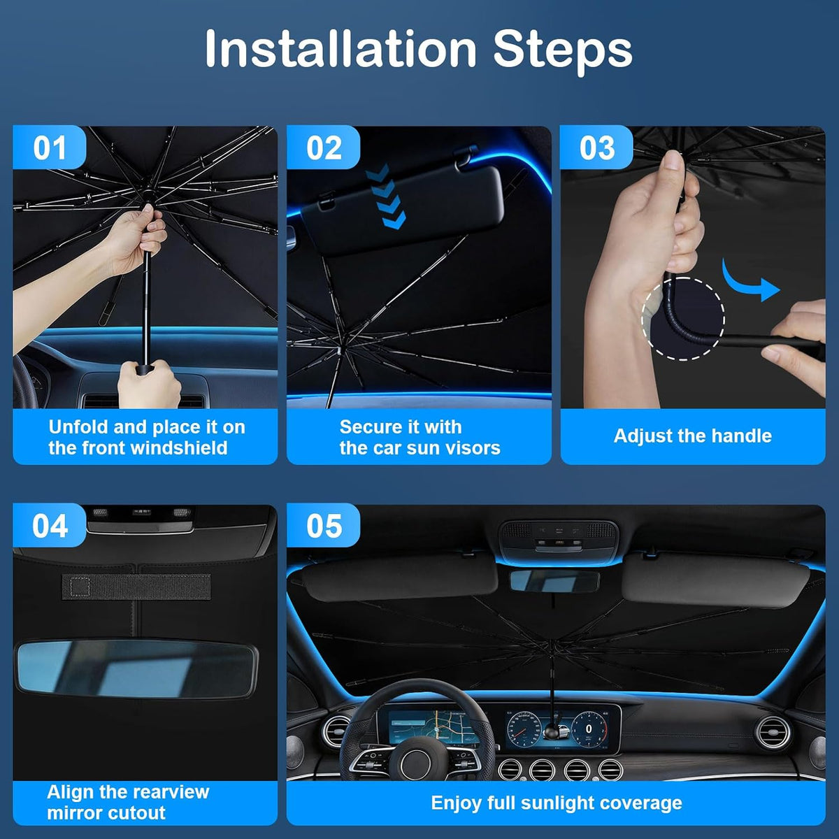 Windshield Sun Shade Umbrella, Foldable Car Windshield Sun Shade Cover, 56" x 31" UV & Heat Insulation Car Sun Shade, Universal Fit for Sedans, SUVs & Trucks