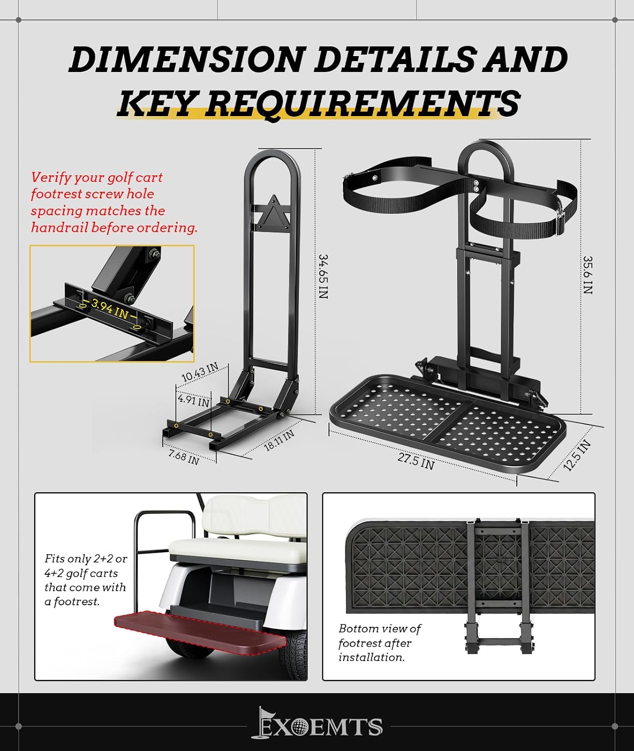 Universal Golf Cart Bag Holder & Grab Bar Combo, Foldable Golf Cart Rear Seat Bag Holder Rack & Safety Bar for Club Car EZGO Yamaha with Metal Pedal, Space-Saving, Convenience, Security, Easy Install