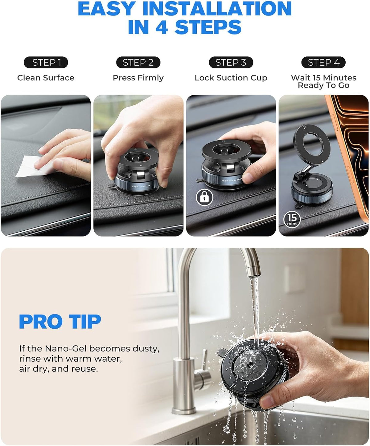 Jononser Magnetic Car Phone Holder for MagSafe, Nano-Gel Suction Cup Car Phone Mount for Car Dashboard & Windshield, Pocket-Size Foldable 360° Adjustable Car Mount for iPhone 17 16 15 14 13 12 Series