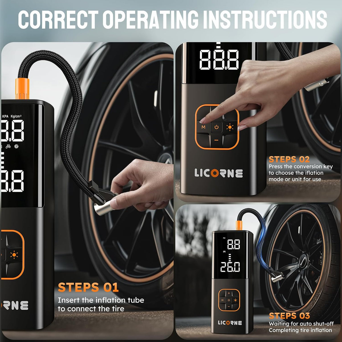 LICORNE Tire Inflator 5x 180 PSI cordless inflator with digital pressure