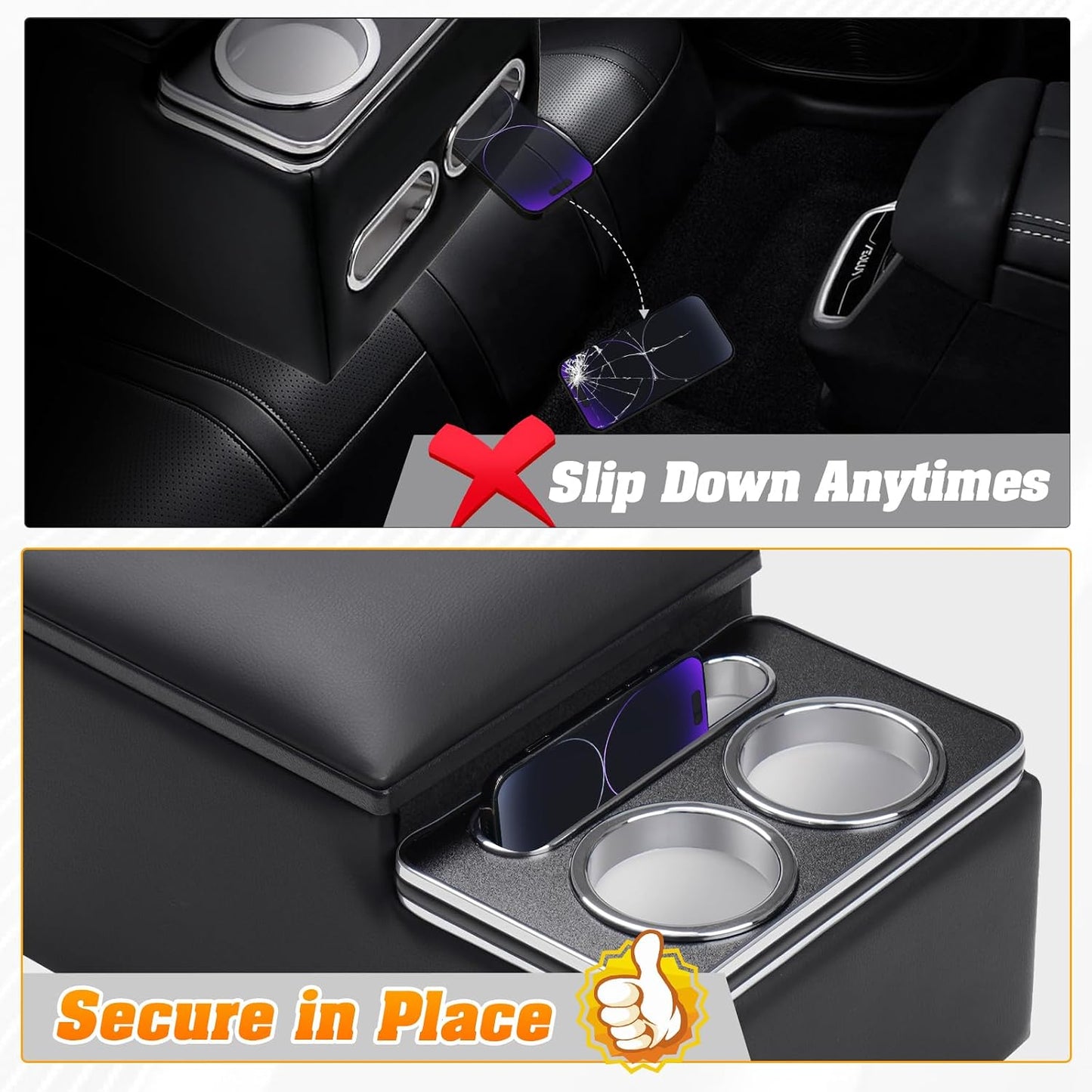 Upgraded Bench Seat Center Console with Cup Holder & Phone Holder, Universal Car Armrest Storage Box Organizer for Truck & Van & SUV Automotive Central Console for Back Bench Seat