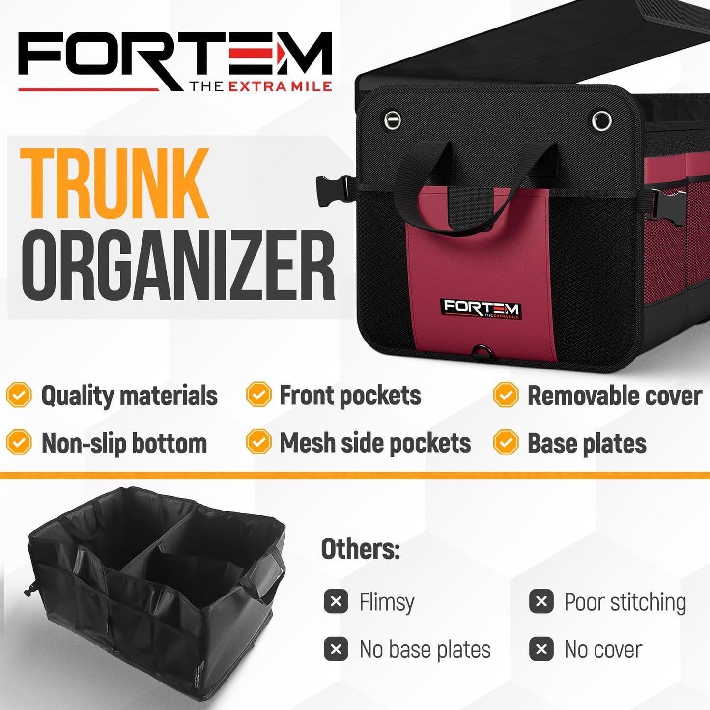 FORTEM Trunk Organizer For SUV Car Organizer and Storage, Collapsible Multi-Compartment Storage Bag Car Accessories for Women Men, 1680D Oxford, Non Slip Bottom, Adjustable Straps, Soft Cover (65L)