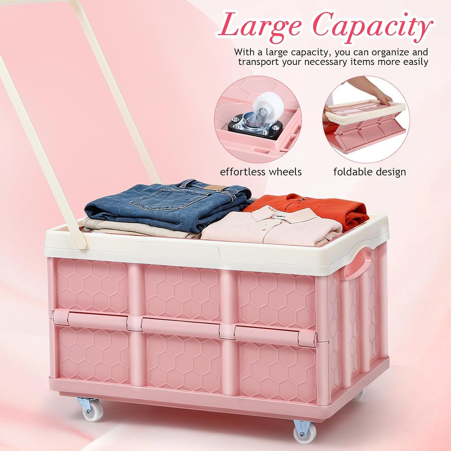 Collapsible Storage Bins with Lids And Wheels, Stackable Folding Storage Boxes for Clothes Toys Books, Home Garage Car Organizer Pink