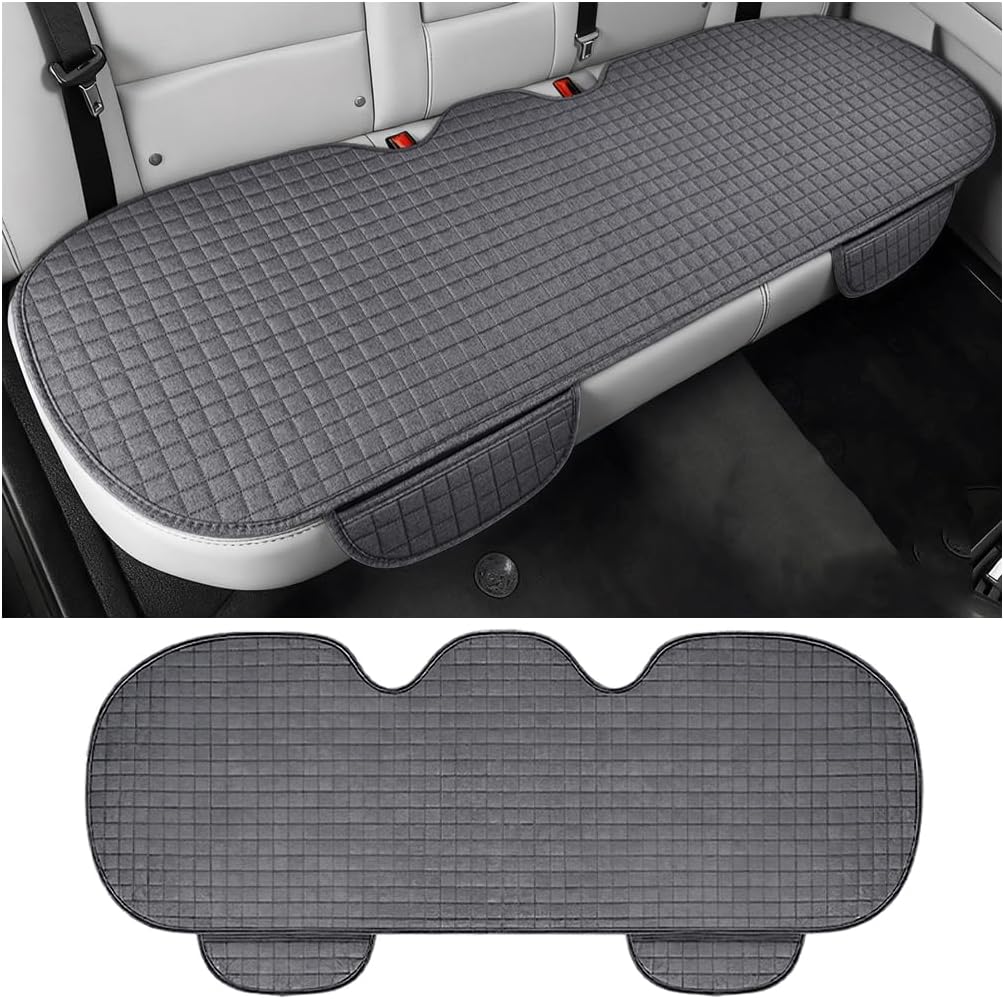 Car Back Seat Cover, Linen Breathable Vehicle Rear Bottom Bench Seat Protector with Storage Pocket, Anti-Slip Comfortable Long Automotive Rear Chair Cover, Universal for Vehicles (Coffee)