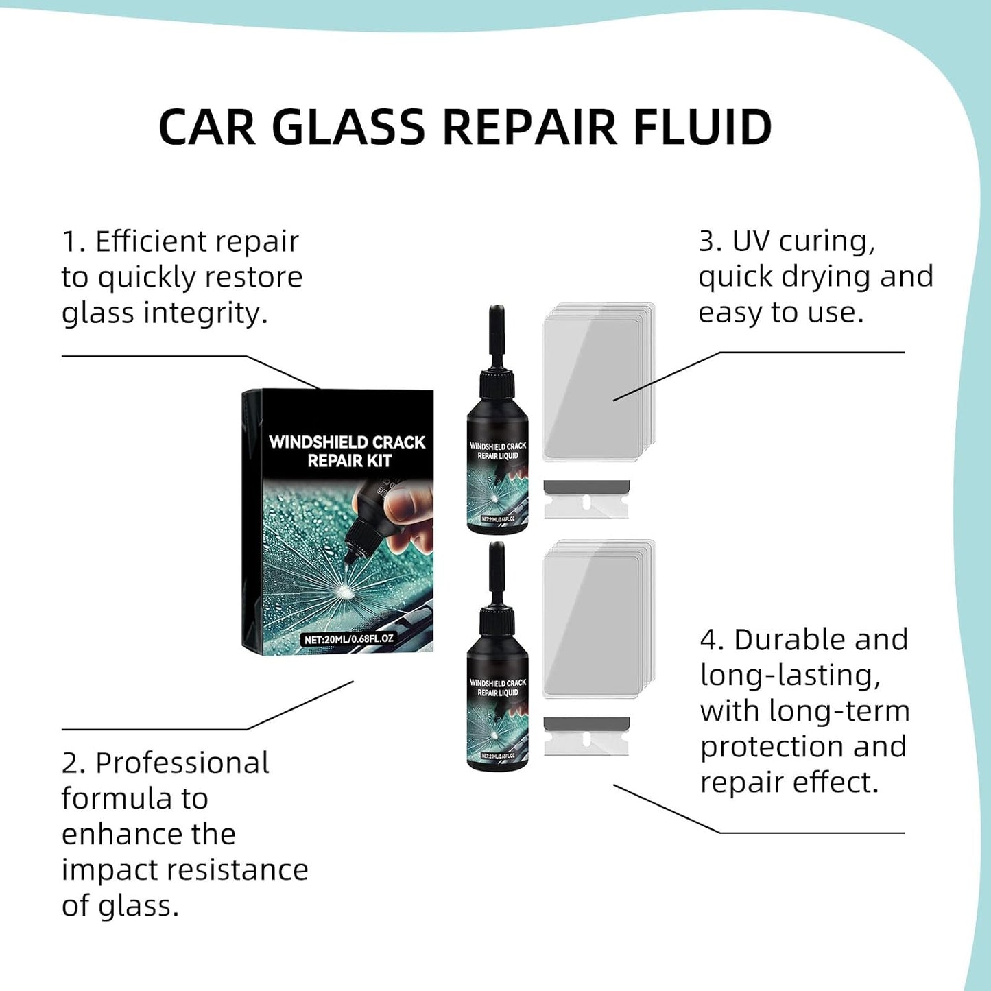 2 Pack Windshield Chip Repair Kit, Glass Repair Liquid for Cracks | Windshield Crack Repair Kit for Fix Car Windows, Rearview Mirrors and Glass, 20ML Cracked Windshield Repair Kit
