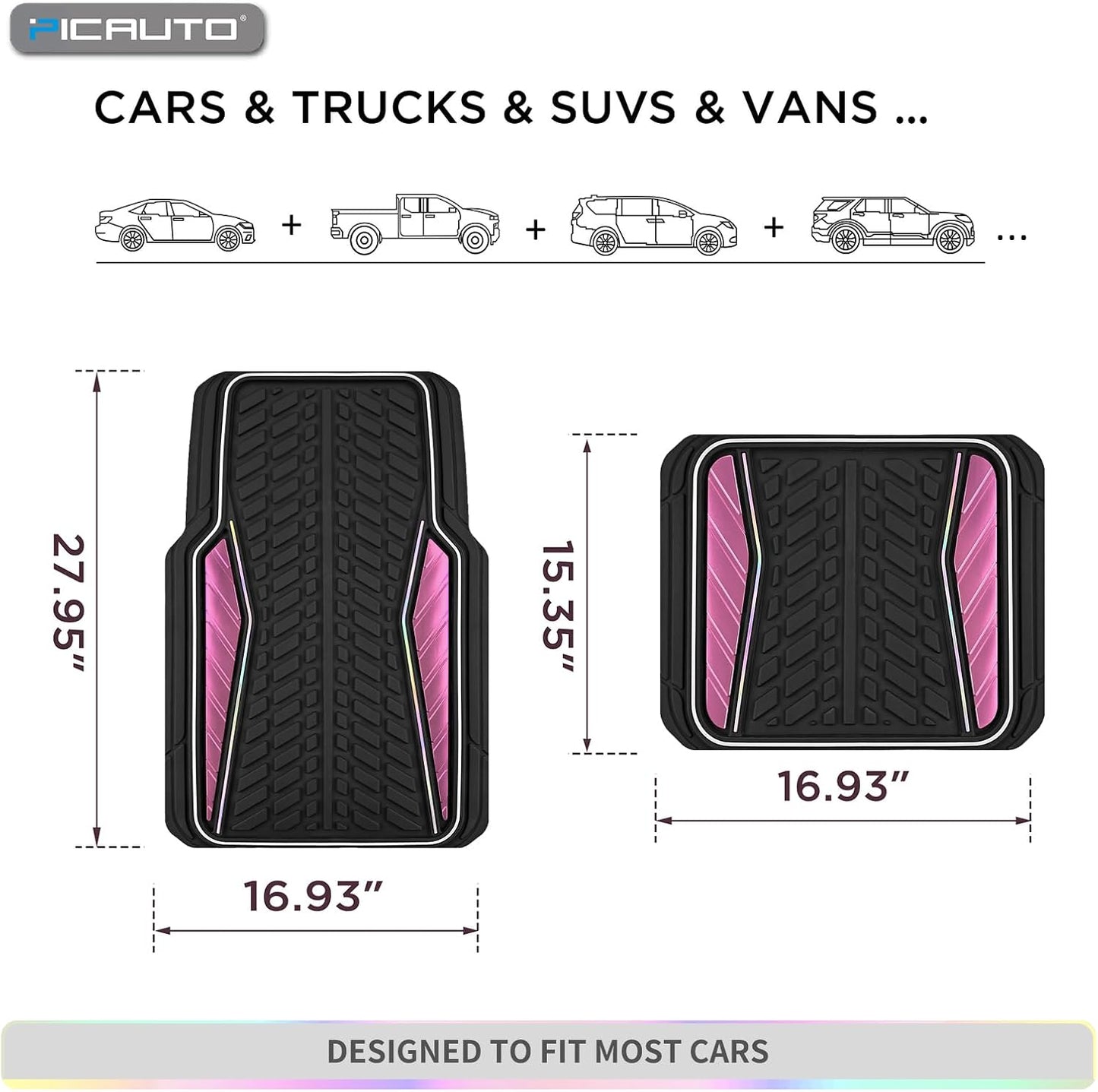 PIC AUTO Car Floor Mats, Pink Aluminum-Molded with Full-Circle Iridescent Inlay Strip Car Mats, Universal-Fit Rubber Mats for Cars, Trucks & SUVs, All-Weather, Non-Slip, Easy-to-Clean Interior Mats