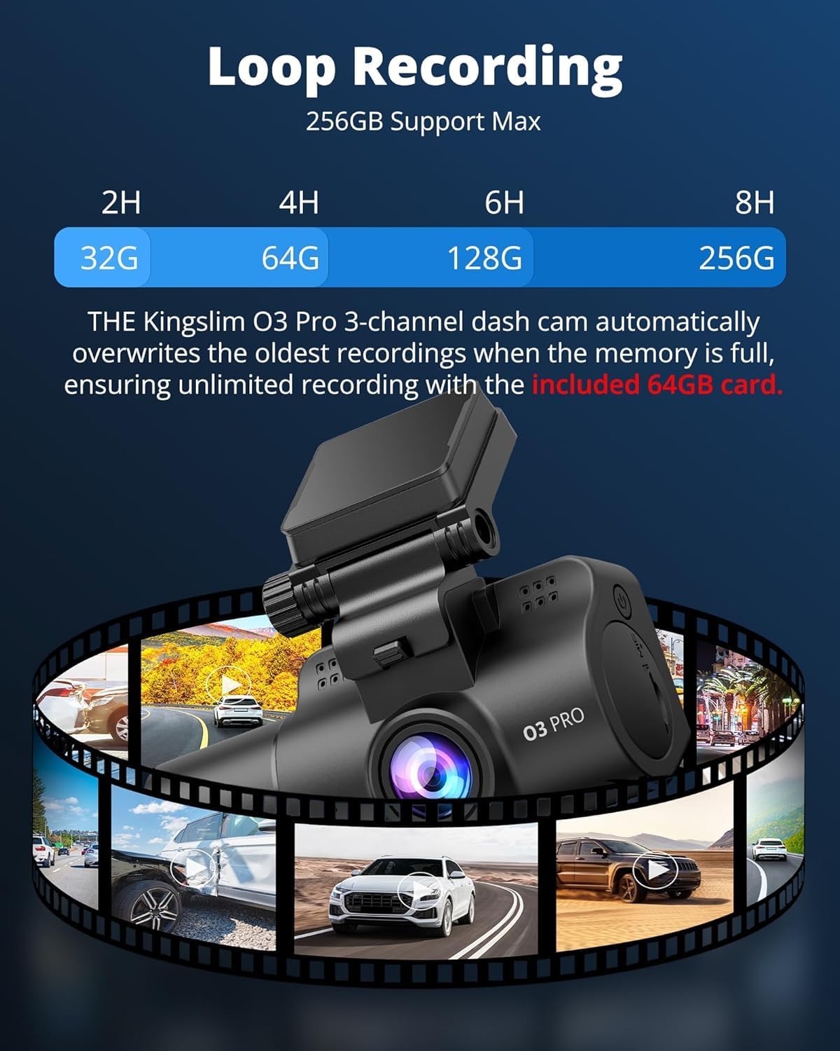 Kingslim 3 Channel 5G WiFi Dash Cam with 64GB Card, 2.5K/1080P Front and Rear Inside Dashcam, 2.5K/1080P/1080P Three Way Dash Camera for Cars Auto IR Night Vision, Loop Recording, APP Control(O3PRO)