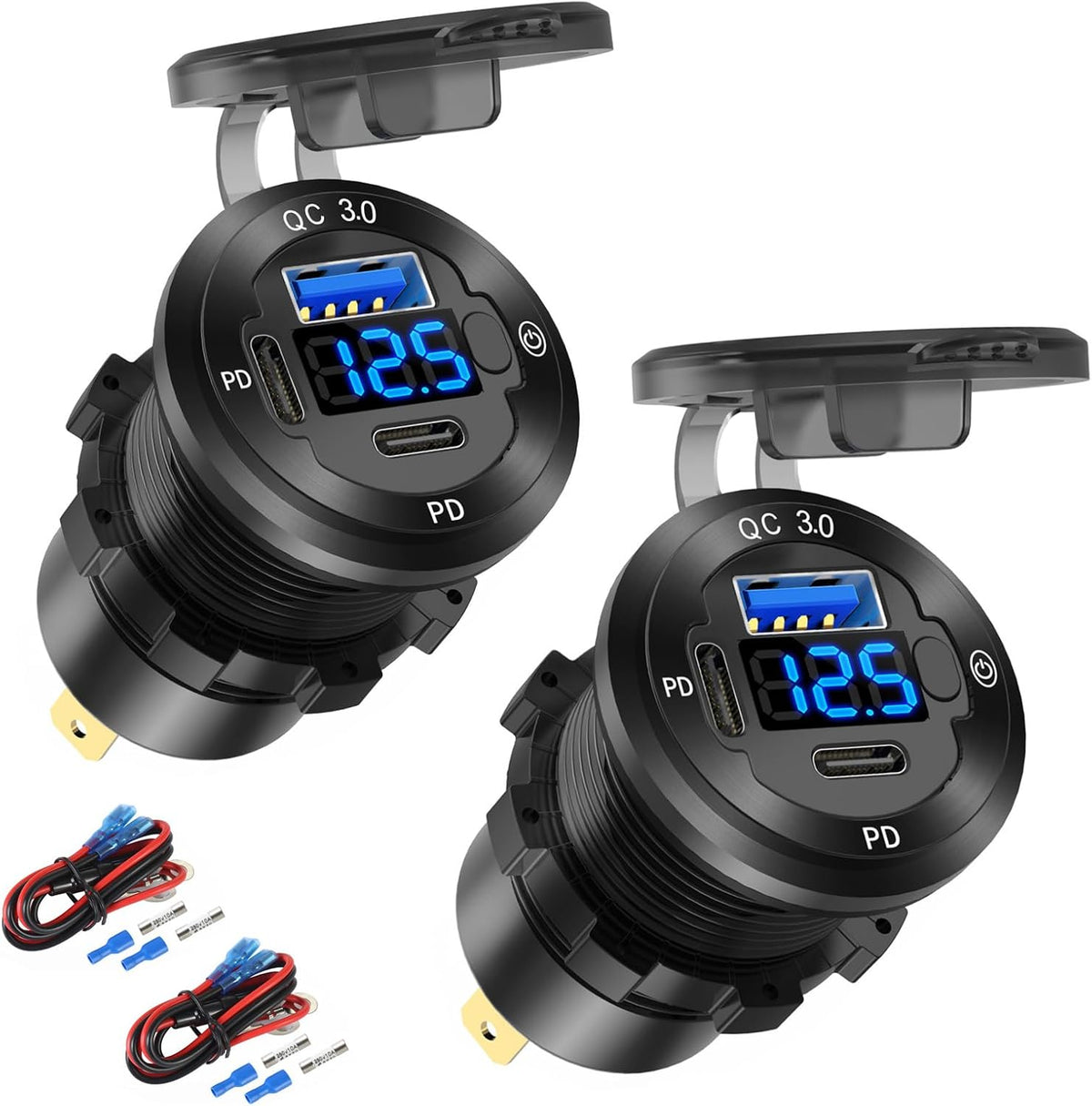 12V USB Car Socket Round USB C 12V Outlet, 3-Port Marine Fast Charger Waterproof Cigarette Outlet Replacement Aluminum with Switch & Voltmeter, Suitable for Boat Golf Cart RV Motorcycle Truck