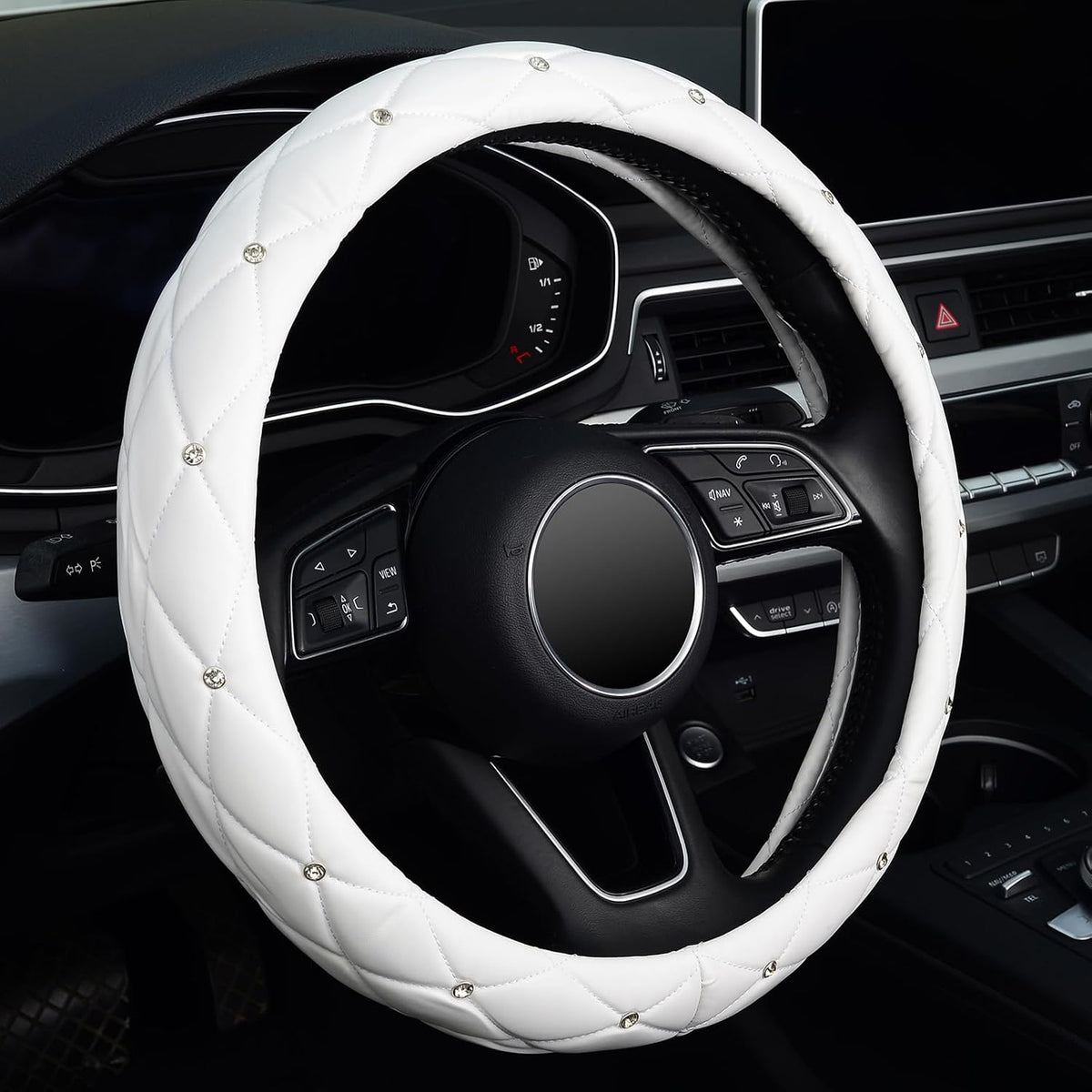 KAFEEK Diamond Leather Steering Wheel Cover, 15 Inch, Black