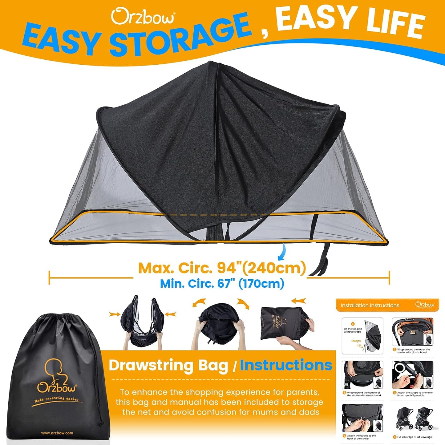 Orzbow Baby Mosquito Net for Stroller with Sun Shade, Breathable, Black | Tear-Resistant Mesh, Insect Barrier w/Travel Bag for Stroller, Car Seat, Bassinet, Cradle, Mini Cribs, Baby Summer Essential