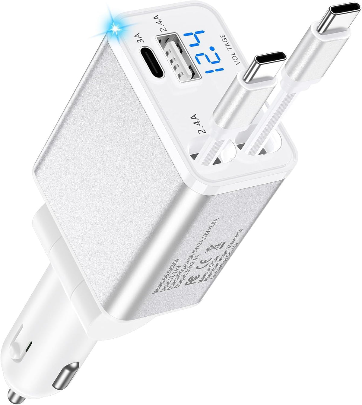 Retractable Car Phone Charger for Samsung S26 Android Fast USB C iPhone 18
