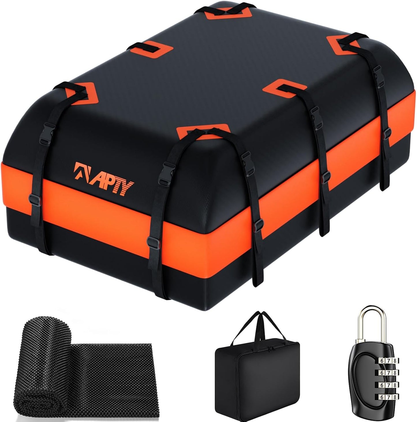 APTY Car Rooftop Cargo Carrier Bag, 16 Cubic Feet Soft Roof Top Luggage Bag for All Vechicles with/Without Racks - with Waterproof Zip, Anti-Slip Mat, Door Hooks, Luggage Lock, Storage Bag
