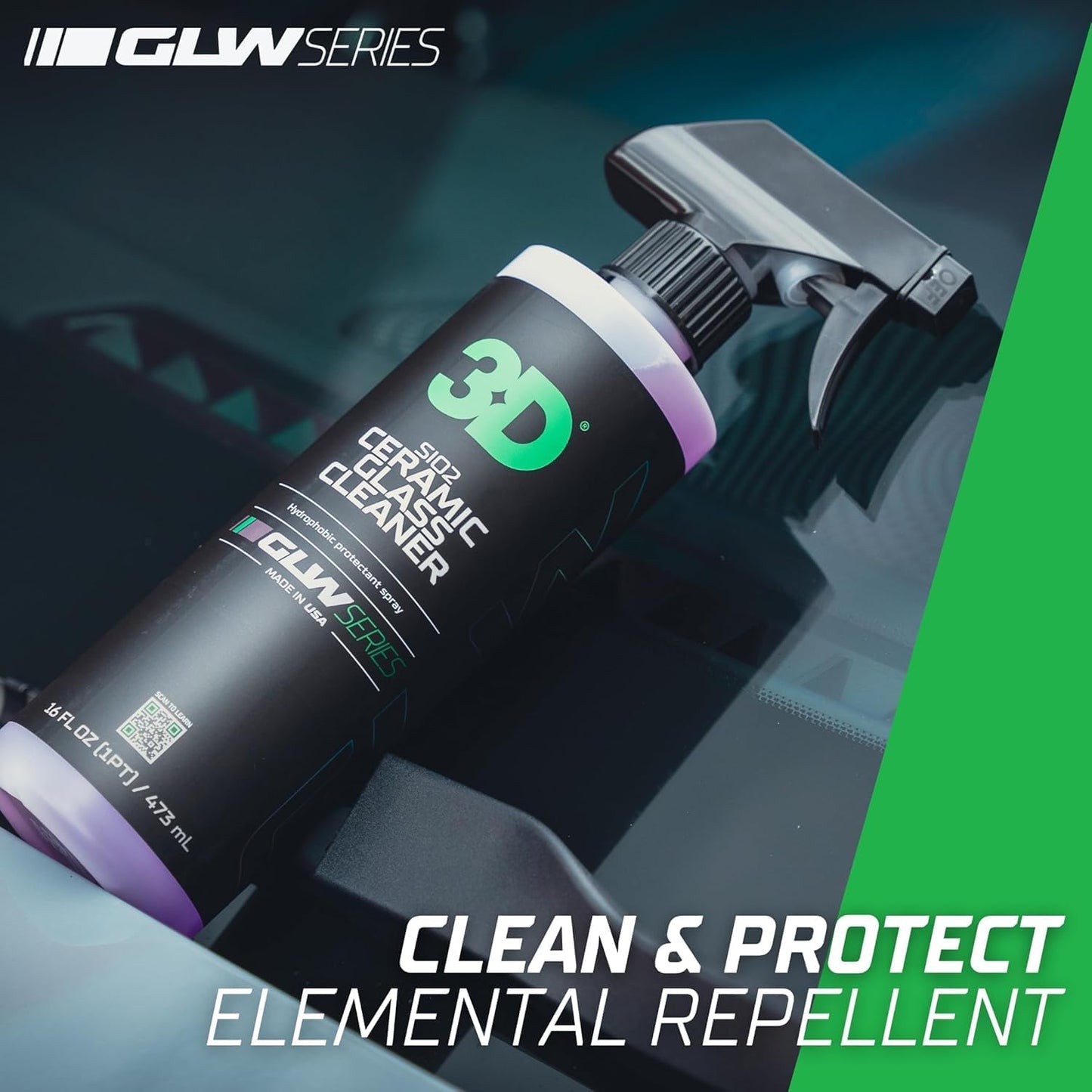 3D SiO2 Ceramic Glass Cleaner, GLW Series | Water & Rain Repellent | All-Weather Protective Ceramic Glass Cleaner | Safe for Tinted, Non-Tinted Windows & Mirrors | DIY Car Detailing | 16 oz