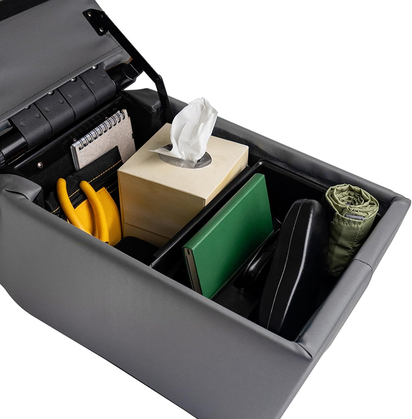 NVS Universal Truck Console Contractor Bench Seat Organizer with Adjustable Cup Holders, Clipboard Storage & Padded Armrest Lid - Dark Gray