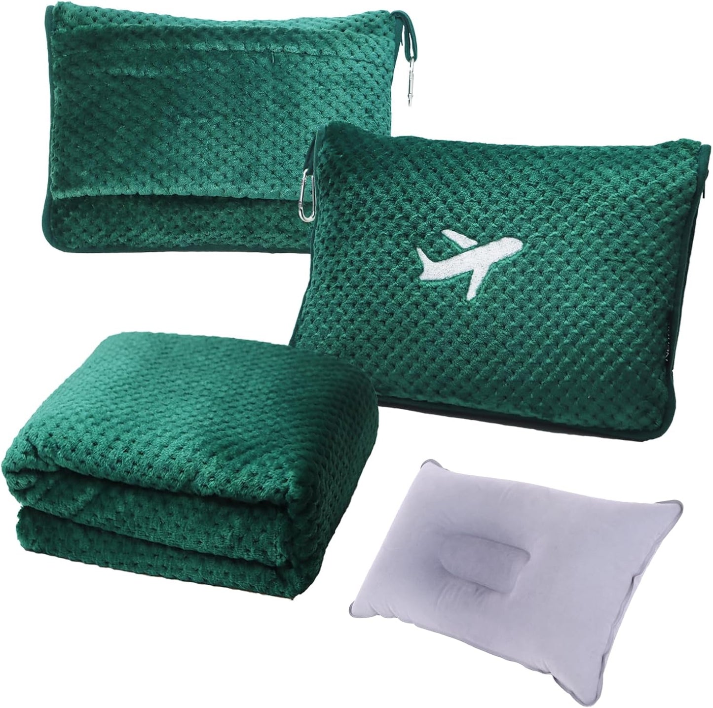 3 in 1 Travel Blanket Pillow Set - 350 GSM Thick Travel Blanket Airplane Compact with Bag, Soft Bag with a Pocket, Inflatable Travel Pillow for Camping & Car Trip(Mint Green)