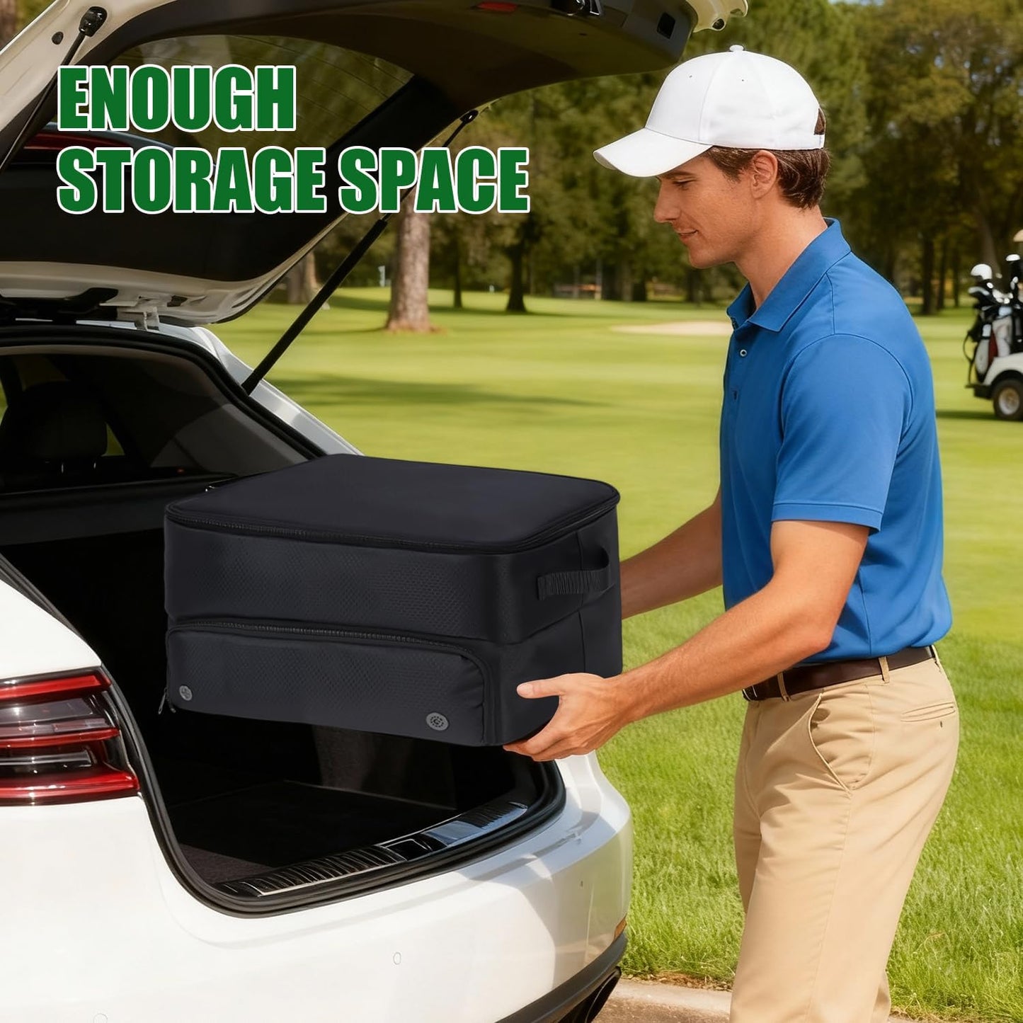 Golf Trunk Organizer 2 Layer with Separate Compartment for 2 Pair of Shoes, Golf Bag Storage for Car, Waterproof,Trunk Locker for Balls, Tees,Gloves