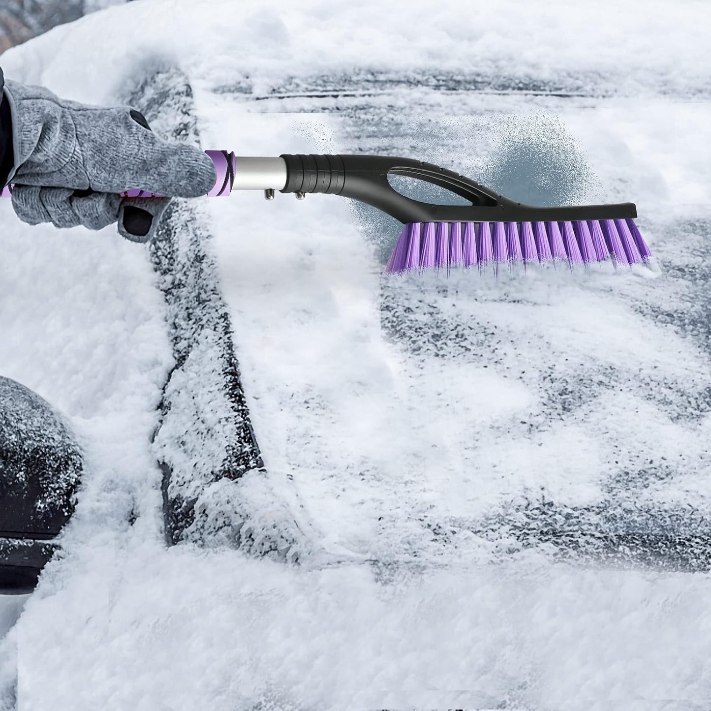 OUSHASAA 2 Pack 27" Snow Brush and Ice Scraper for Car Windshield - Purple | Soft Non-Scratch Bristles, Non-Slip Foam Grip, Detachable Design, Car Snow Removal Tool for Windshields & Windows