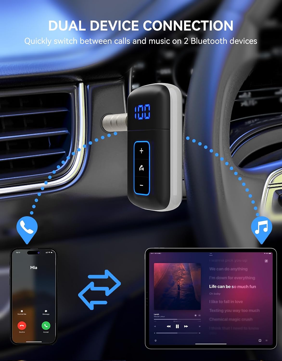 Bluetooth 5.3 AUX Receiver for Car, LED Screen, Noise Cancelling
