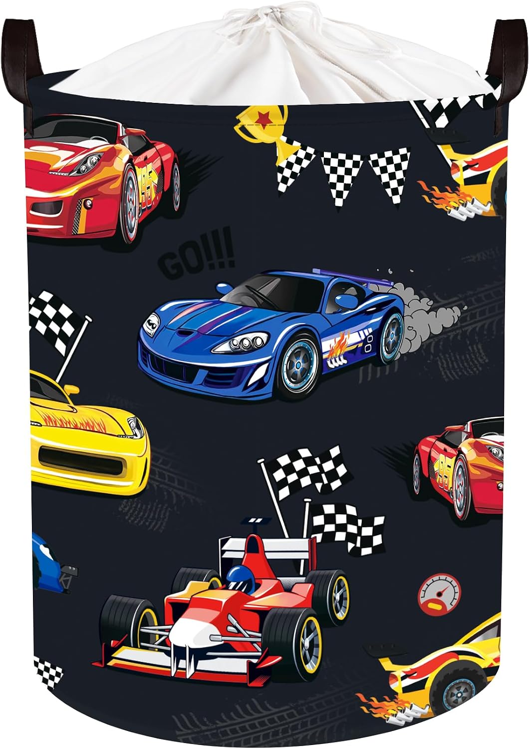 Clastyle Competitive Race Car Kids Book Storage Basket Checkered Flag Clothes Laundry Basket Parents Gift Toy Box for Bedroom Shower, Grey, 40x30x30 cm