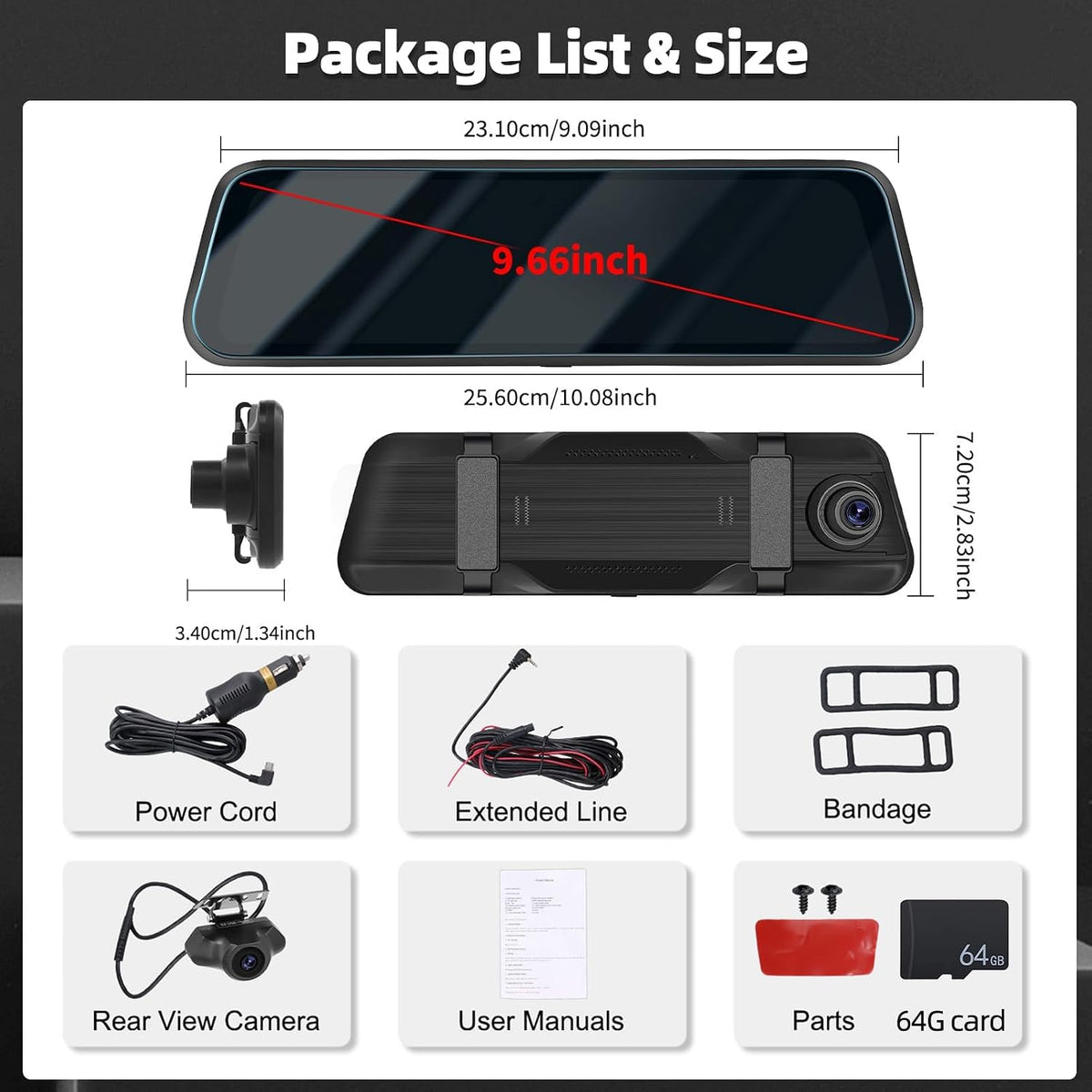 9.66" Mirror Dash Cam Night Vision,1080P Full HD Front and Rear View Mirror Camera for Cars,Dual Lens Cam with Loop Recording Streaming Media Motion Detection Parking Monitor Free 64 GB TF Card