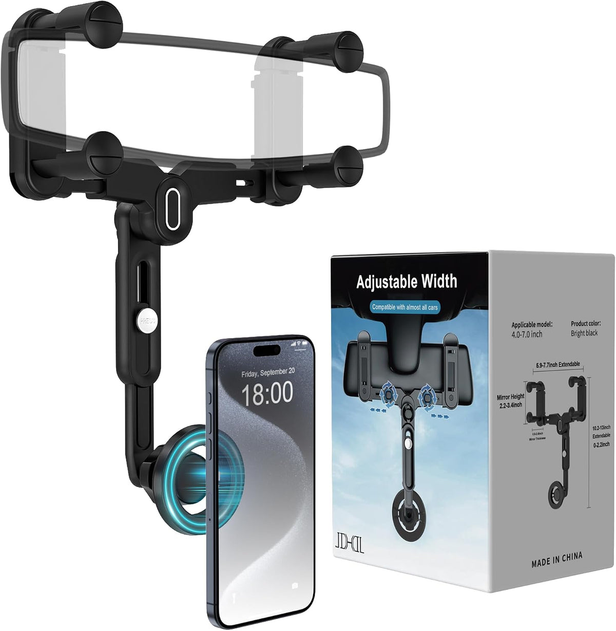 Car Phone Holder Mount, Rear View Mirror Phone Holder, Rotatable and Retractable Phone Holders for Your Car Compatible with iPhone Samsung All 4-7 Inch Cell Phones
