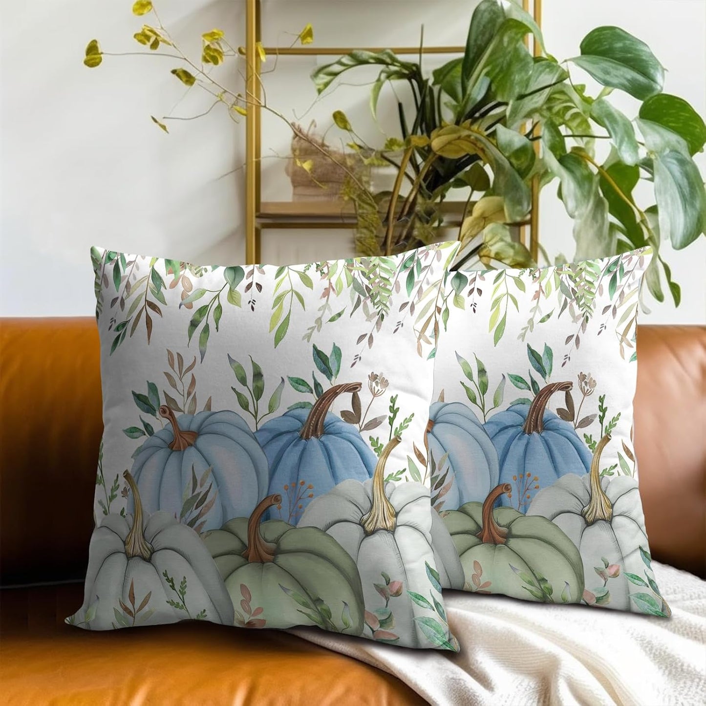 Giwawa Fall Blue Pumpkin Throw Pillow Covers 16x16 Inch Autumn Harvest Cotton Cushion Cases Set of 2 Holiday Couch Cover for Sofa Home Living Room