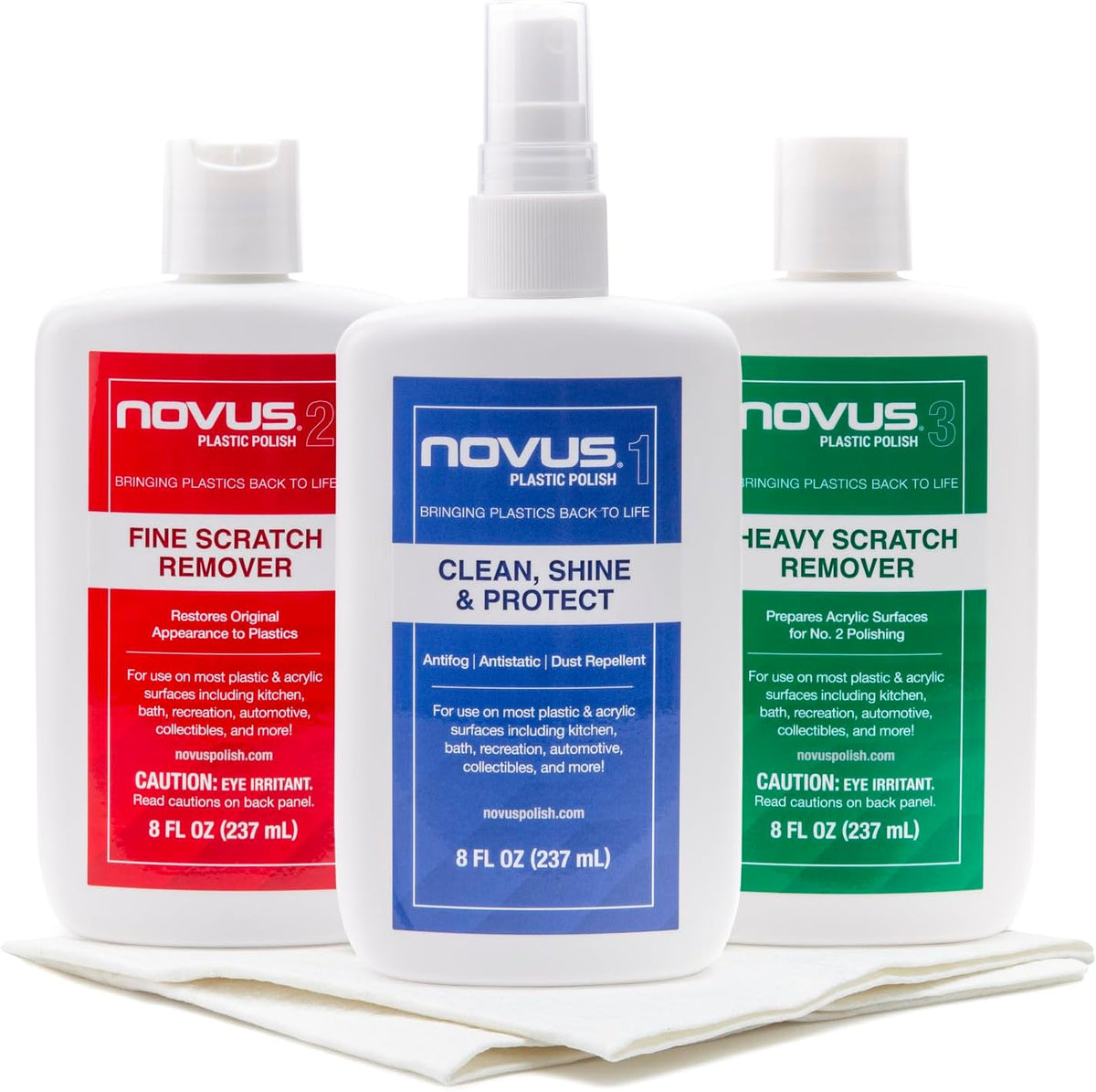 NOVUS-PK1-8 | Plastic Clean & Shine #1, Fine Scratch Remover #2, Heavy Scratch Remover #3 (8 Ounce, 6 Polish Mates)