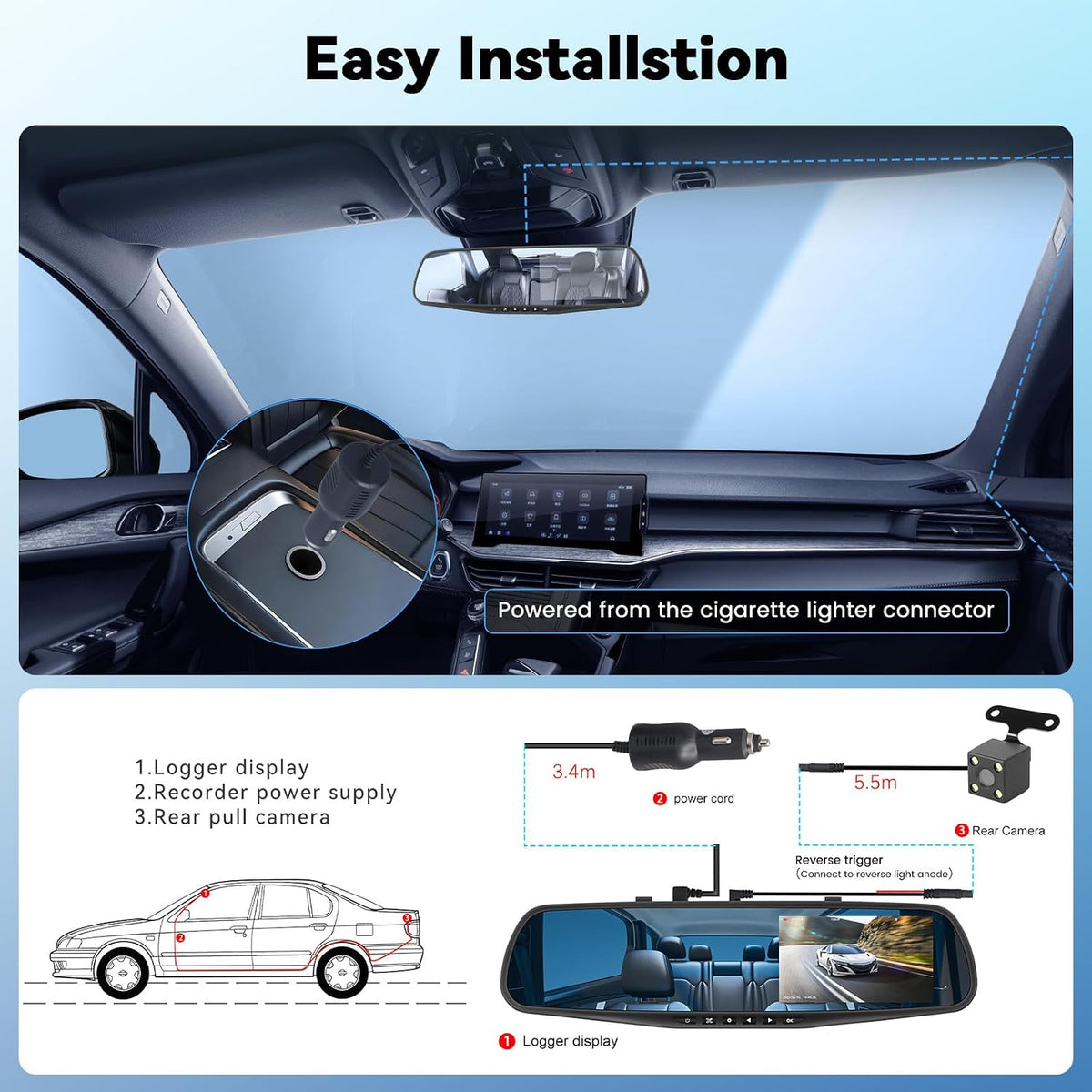 Mirror Dash Cam 4.5 Inch Rear View Mirror Camera 1080P Front and 480P Rear View Dual Cameras with 32G Card, Motion Detection, Night Vision, Parking Assistance, Loop Recording,Exposure Adjustment