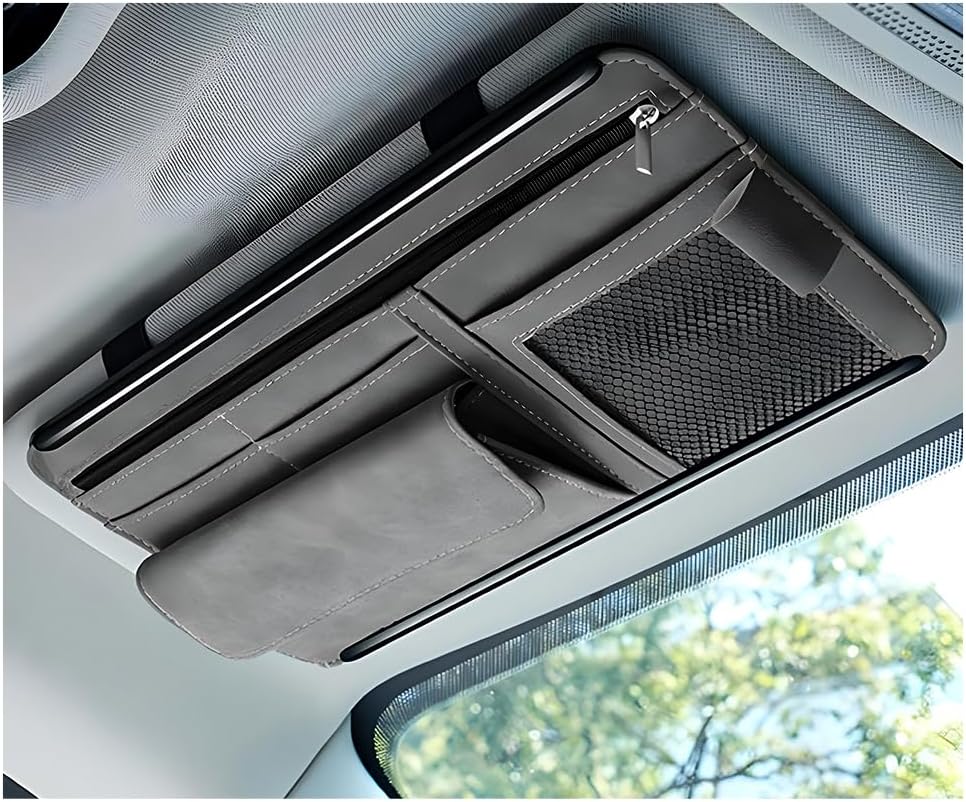 Yourkar Car Sun Visor Organizer, Soft Leather Surface Eyeglasses Note Card Holder Car Storage Bag, Scratch-Resistant Waterproof Auto Sunshade Organizer Bag, Car Accessories (Black)