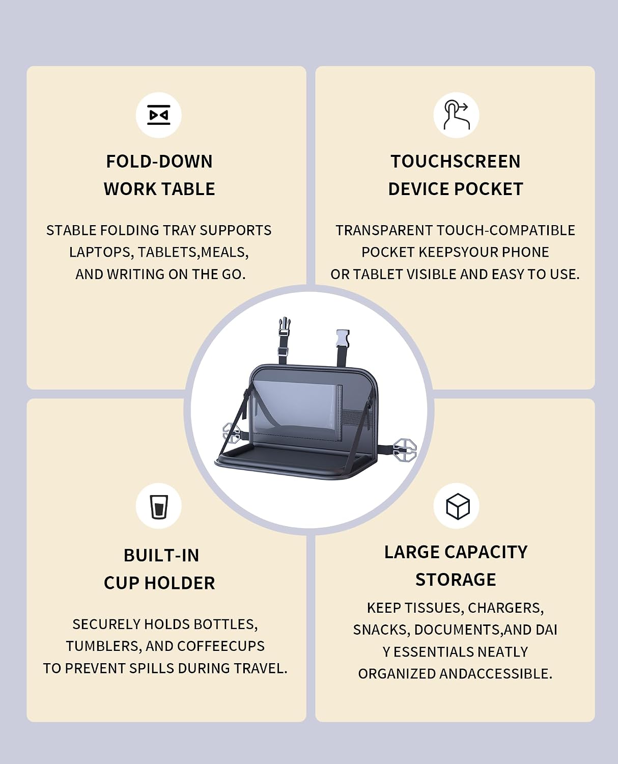 Backseat Car Organizer with Foldable Tray & Tablet Holder | Easy to install, durable & easy to clean, space-saving, ideal for rear passengers and kids, for road trip dining and working